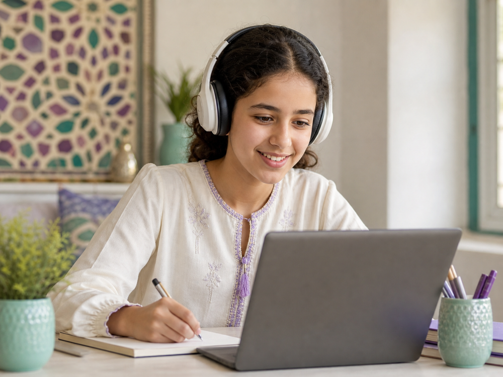 Adolescente en cours de langue en ligne